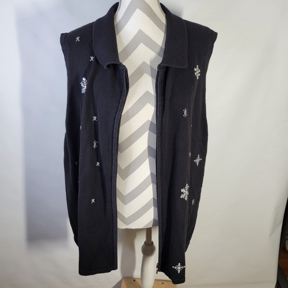 Allison Daley Black Sweater Vest Embroidered Snowflakes Zip Front Size 3X Winter - Picture 7 of 9